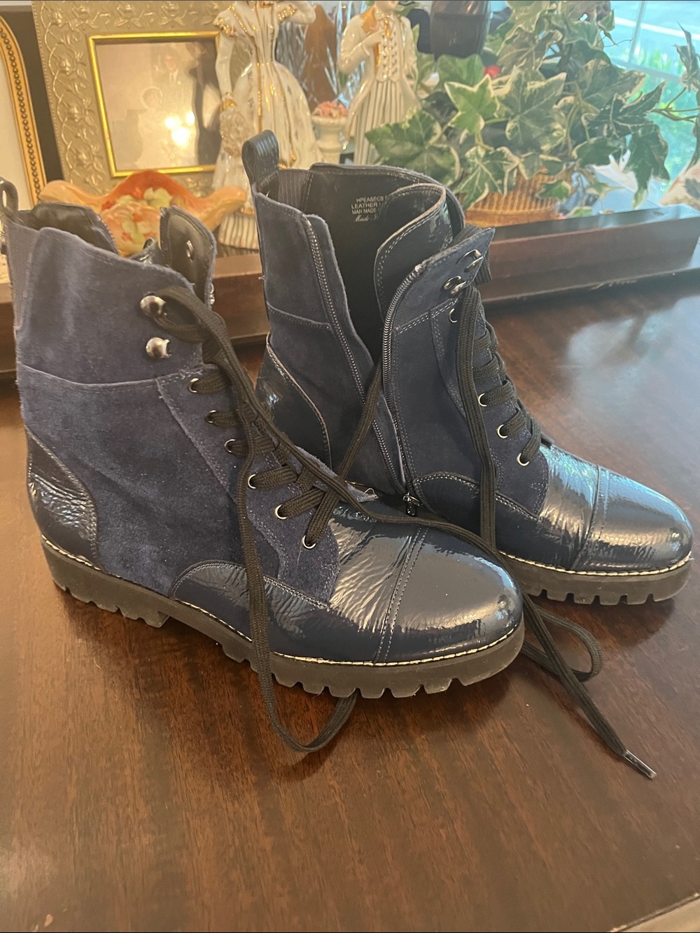 Donald J. Pliner Navy Mixed-Material Combat Boots